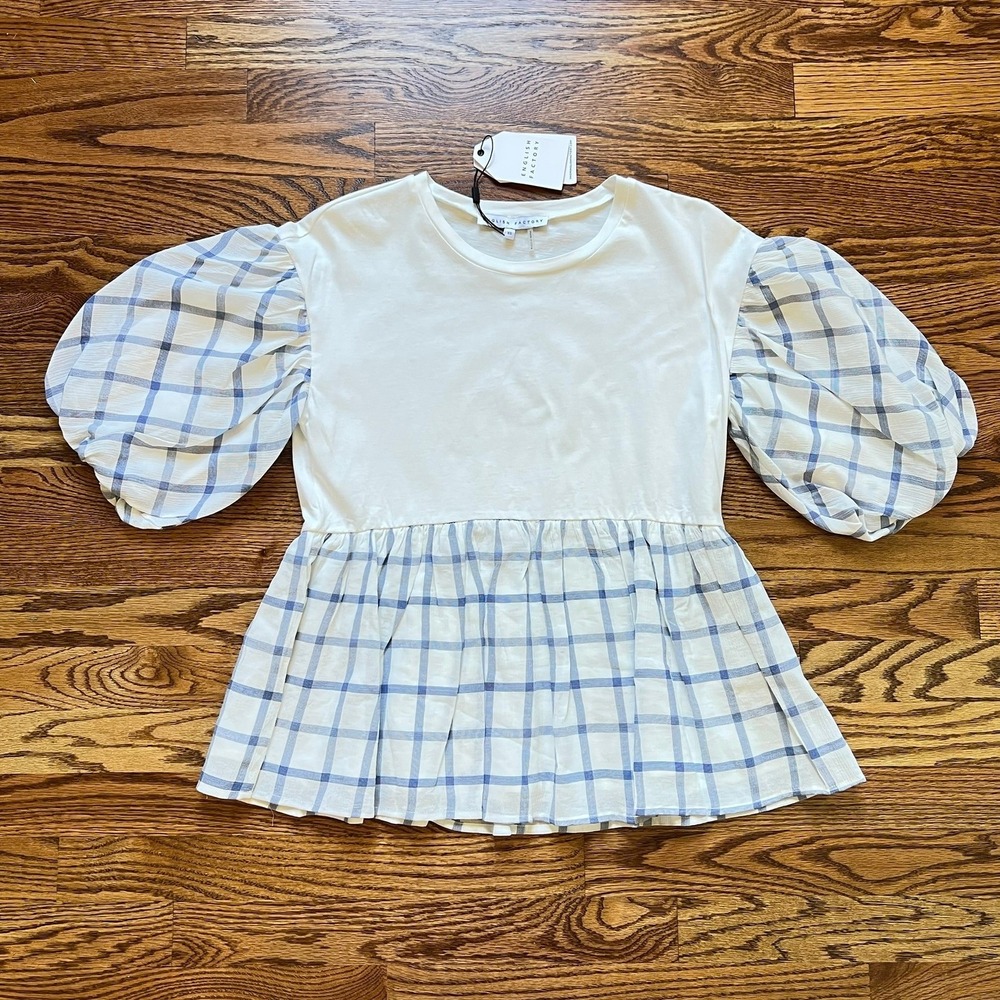 English Factory White Blue Plaid Puff Sleeve Peplum Top Womens NWT XS